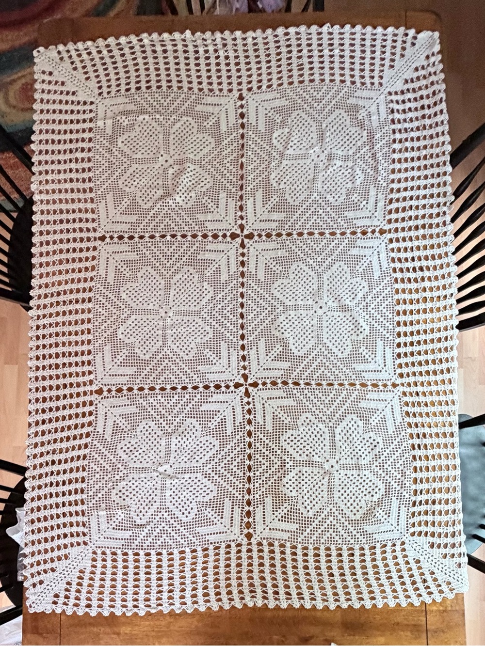 Vintage large Handmade crocheted floral & filigree cotton Tablecloth.66”x 44”